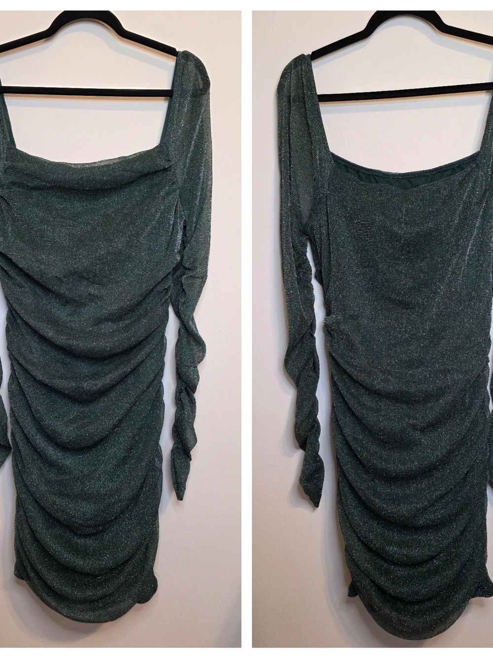 SHEIN Sparkle Olive Green Ruched Mini Dress with Twisted Long Sleeves